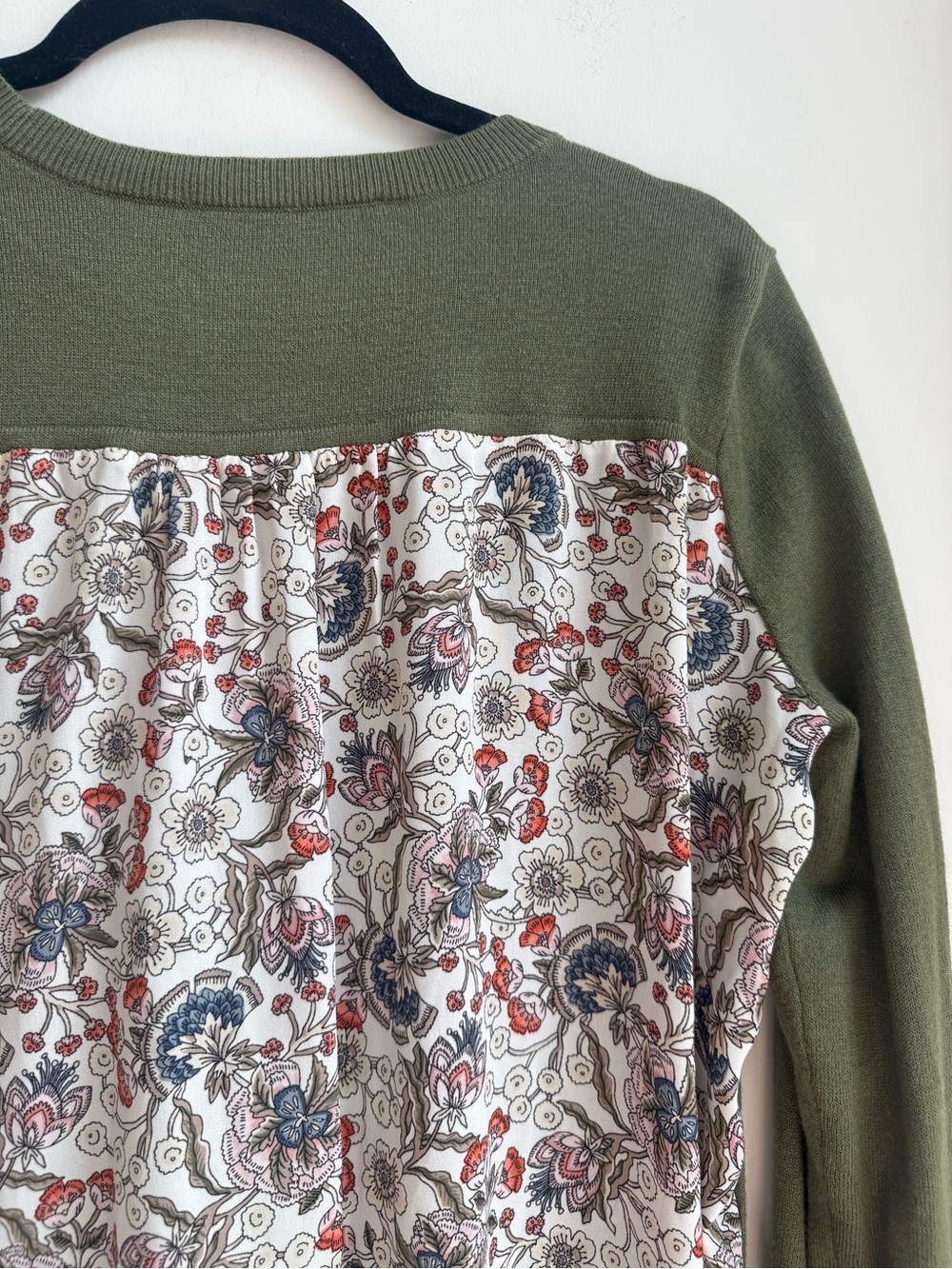 LOFT Olive Green Crewneck Sweater with Floral Layered Hem - Picture 11 of 13